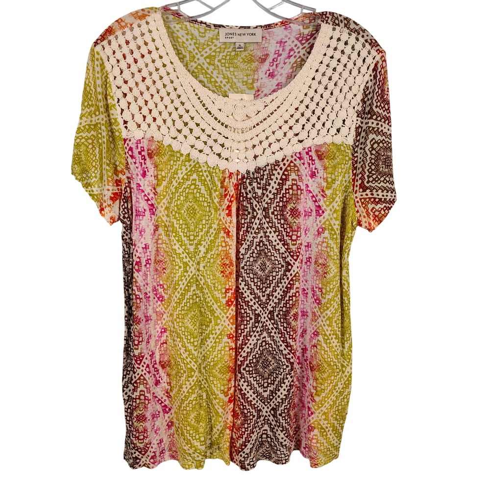 NWT Jones New York Womens XL Palm Green Multi Crochet Yoke Boho Geometric Top